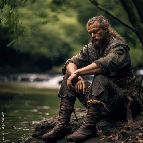 A Big Viking Resting near a Lake after Fighting. © Boss