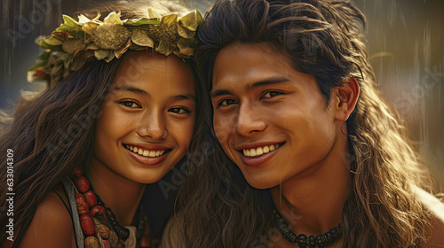 Obraz na plátně girl and young man in Hawaiian folk costume outdoores