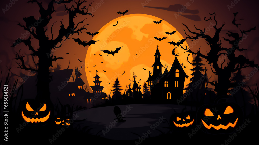 Halloween gift card, with pumpkins, spooky night mood, scary bats and witches. Happy Halloween. 