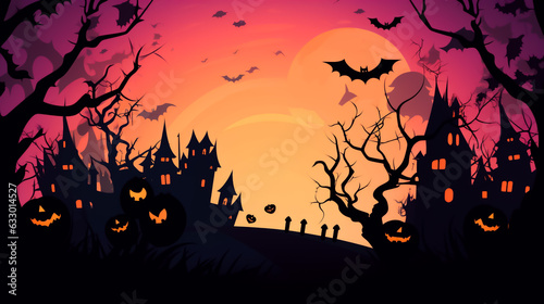 Halloween gift card  with pumpkins  spooky night mood  scary bats and witches. Happy Halloween. 