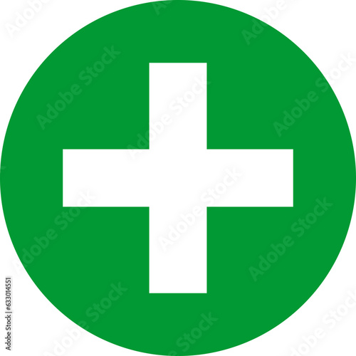 Green plus sign. Vector icon. Cross symbol of safety guidance.