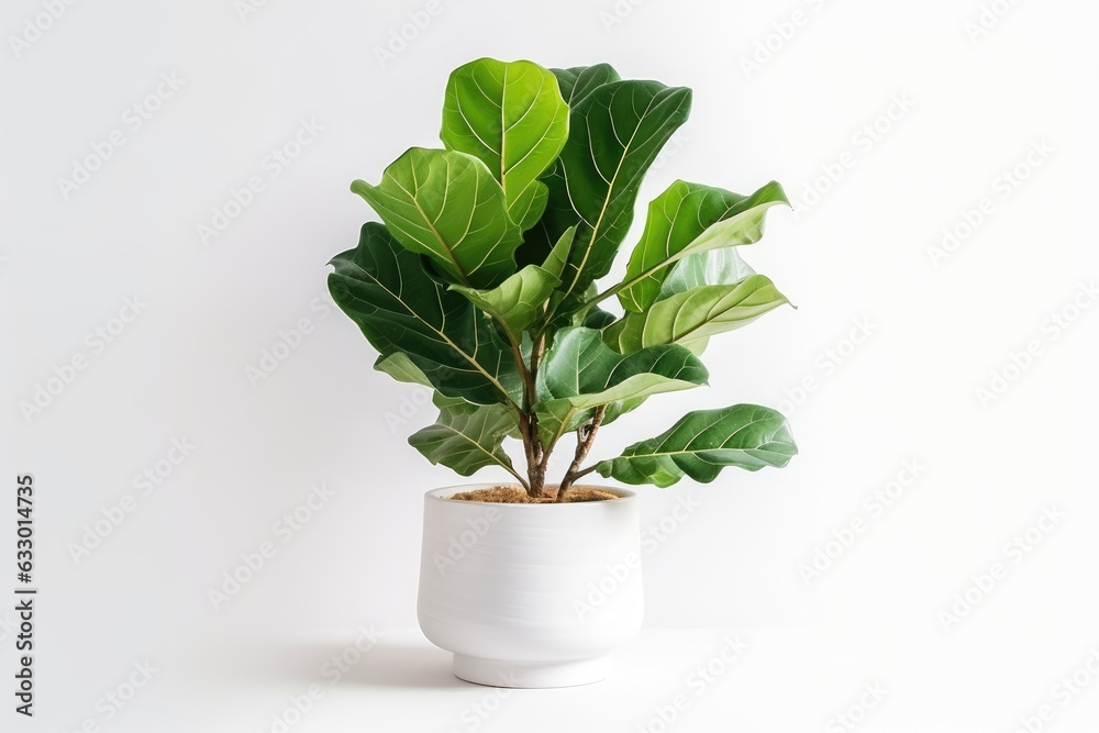Obraz premium Fiddle leaf fig or Ficus Lyrata, known for its green leaves, is a favored indoor plant that adds beauty to white walls. It not only serves as a decorative tropical houseplant but also helps in