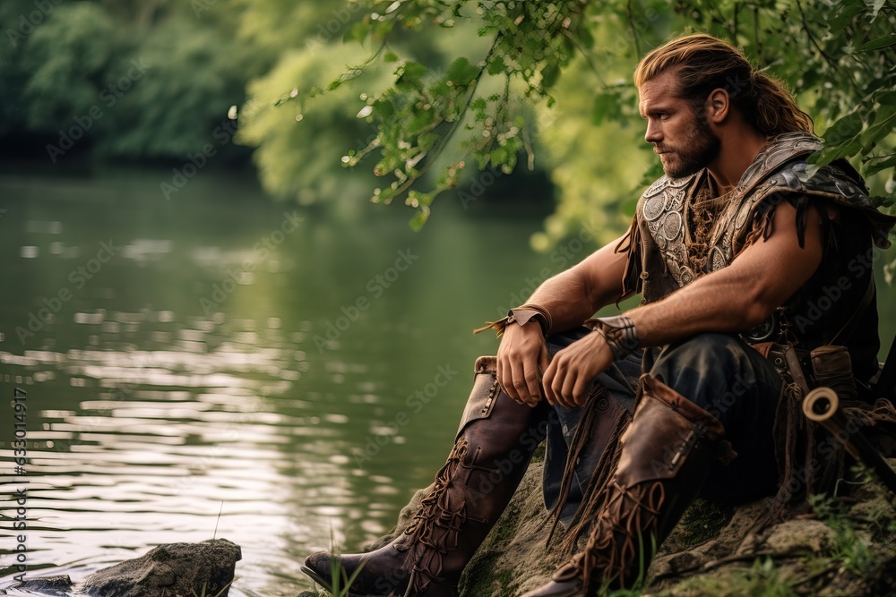 A Big Viking Resting near a Lake after Fighting.