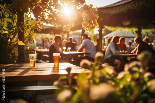 outdoor beer garden bar with people in golden hour sunshine 