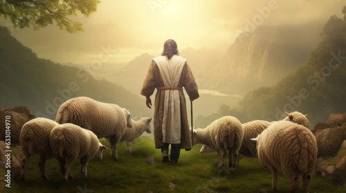 Jesus the good shepherd, guiding his sheep, christian concept