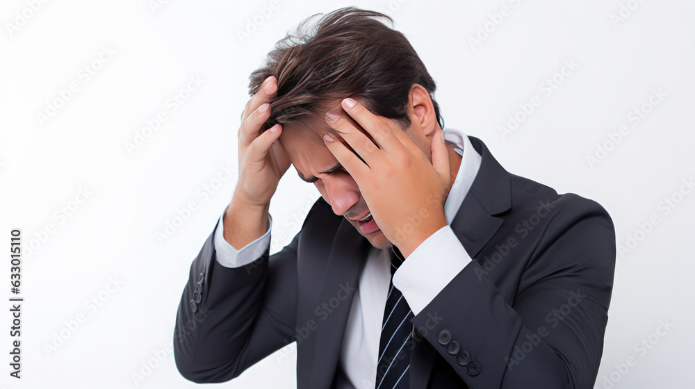 Businessman with a migraine headache holding his head having pain from long hours of work and troubled work, sickness due to overwork Office Syndrome on a white background, Generative AI Businessman with a migraine headache holding his head having pain from long hours of work and troubled work, sickness due to overwork Office Syndrome on a white background, Generative AI