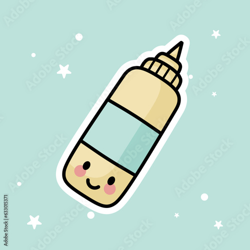 Cute Kawaii Mustard Bottle is isolated on a green background. Vector - Illustration.