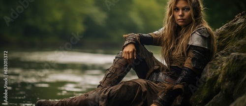 A Woman Viking Resting near a Lake after Fighting.