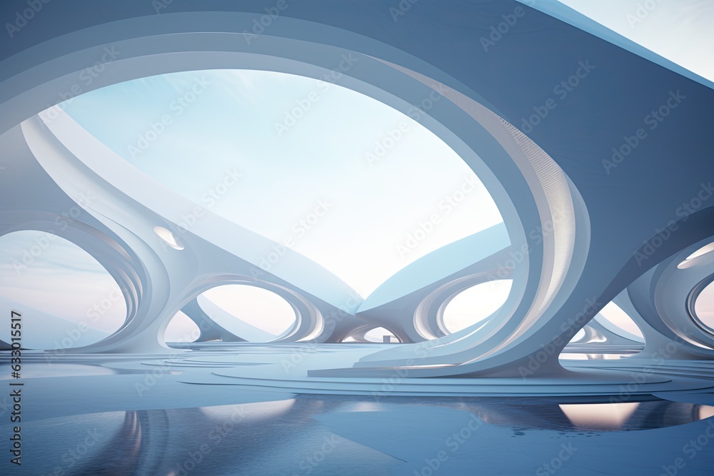 This abstract design showcases futuristic architecture with circular concentric backgrounds and wave like outdoor structures. The minimalist design incorporates futuristic technology, creating a This abstract design showcases futuristic architecture with circular concentric backgrounds and wave like outdoor structures. The minimalist design incorporates futuristic technology, creating a
