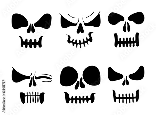 Set scary faces skulls line art. Hand drawn doodle illustration.