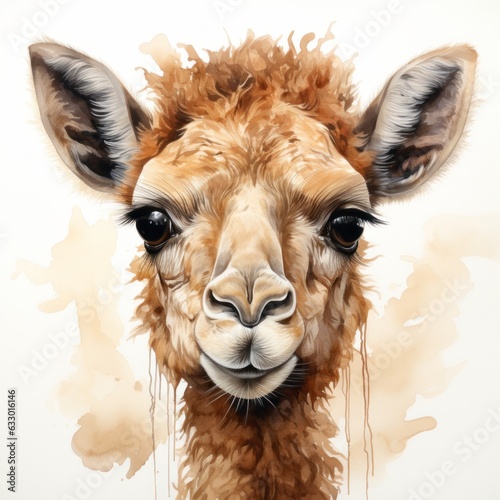 Close up portrait illustration of a baby camel on a neutral background.