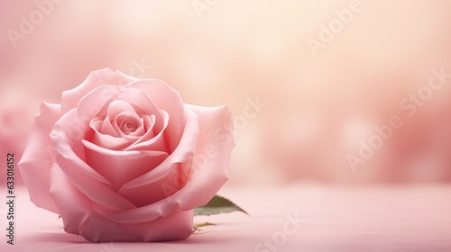 Pink rose flower banner with blurred boca photo effect background. Space for text. Template for mock up. Generative AI 