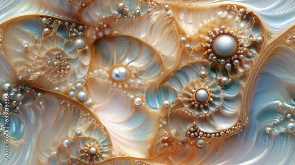 Seamless texture of Pearlescent ocean ammonite, soft pastel color shades, abstract fossil pattern, macro closeup fractal details, seashell mollusk spirals - generative ai Seamless texture of Pearlescent ocean ammonite, soft pastel color shades, abstract fossil pattern, macro closeup fractal details, seashell mollusk spirals - generative ai