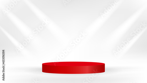 Blank White Studio Background With Red Podium Stage And Sunlight. Minimalist. Vector Illustration