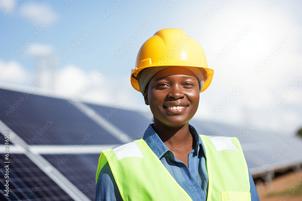 African lady wearing safety helmet with solar panel bokeh background. Generative AI African lady wearing safety helmet with solar panel bokeh background. Generative AI