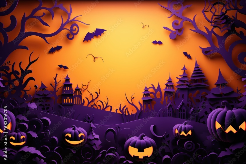Halloween purple violet and orange paper cut banner. generative ai