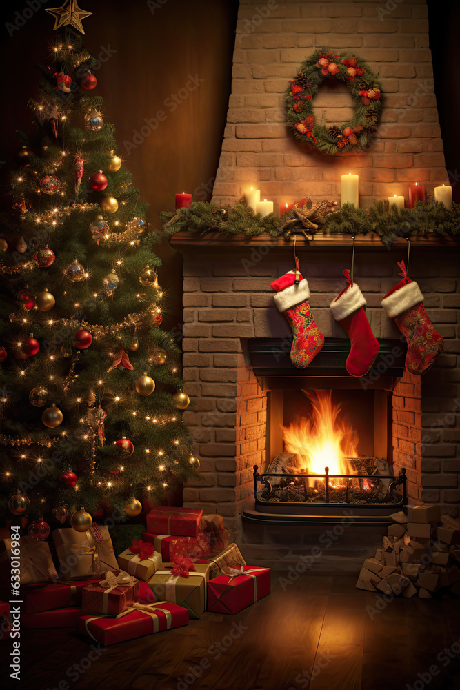 christmas tree with fireplace and stockings for xmas promotion