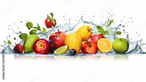 Illustration of juicy fruits being splashed with water