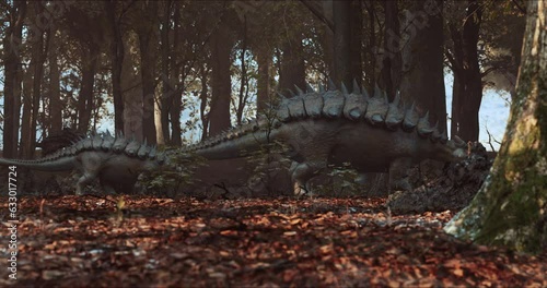 The herbivorous dinosaur Ankylosaurus is searching for sustenance.