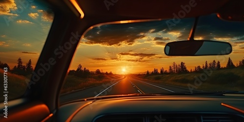 sunset in the rear view of the car, generative AI © Lucky Ai