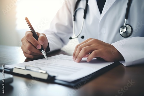Male doctor fills medical chart with patient information & signs health insurance document. Close-up shot of doctor writing on clipboard. photo