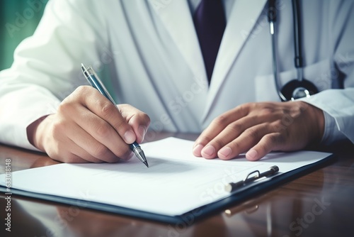 Male doctor filling patient's medical chart, signing health insurance document with clipboard, checklists, and patient info in close-up shot.