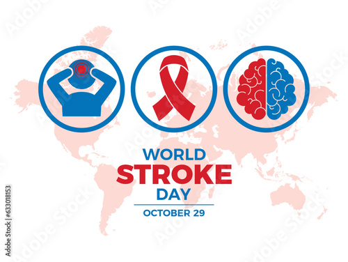 World Stroke Day poster vector illustration. Red awareness ribbon, human brain and head silhouette round icon set vector. October 29 every year. Important day