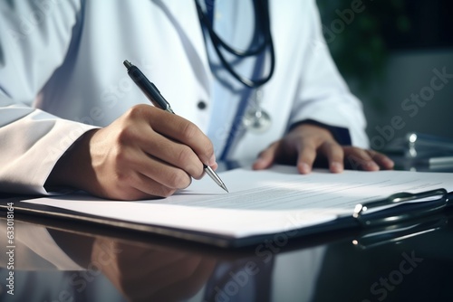 Male doctor filling medical chart and health insurance document, writing and signing on clipboard with patient information.