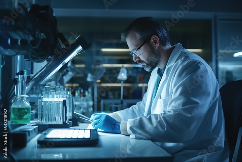 Scientist multitasking with digital tablet, laptop, and microscope, while doctor/technician uses tablet pc to document lab test in hospital.