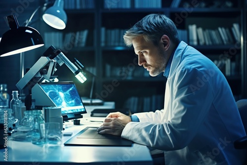 Scientist uses digital tablet, laptop, and microscope, while doctor records lab tests on tablet in hospital lab.