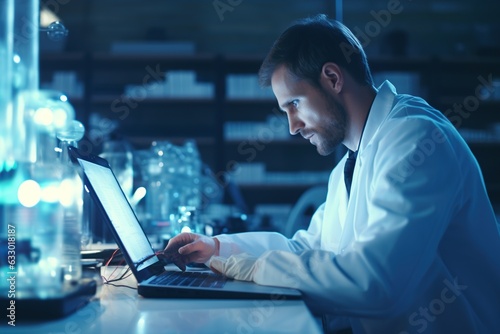 Scientist multitasks with tablet and laptop, while doctor records lab test on tablet in hospital lab.