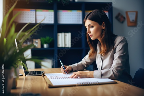 Businesswoman checks planner and notes on office table to ensure event stays on schedule.