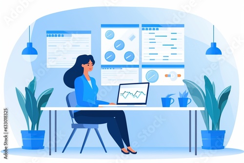 Project manager updating tasks and tracking milestones on Gantt chart while businesswoman works on laptop.