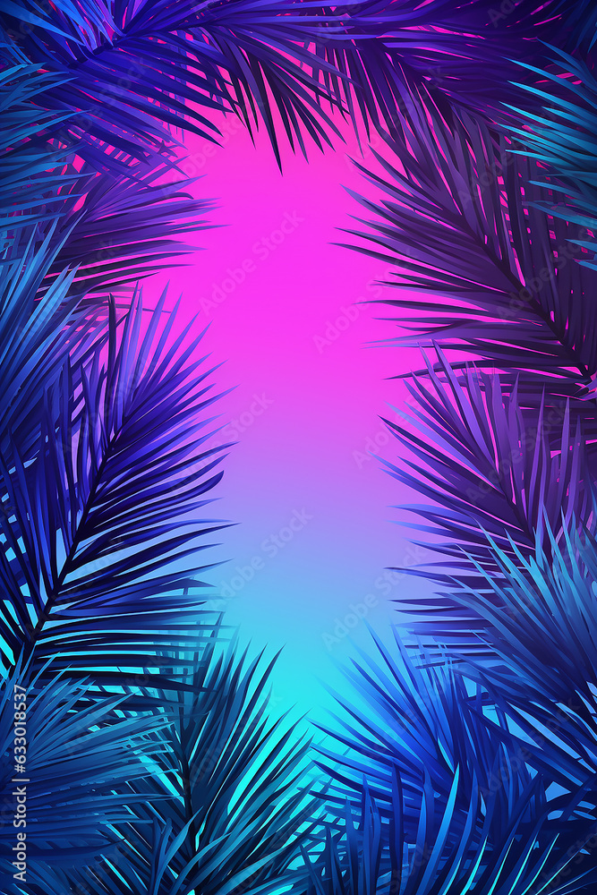 Tropical leaves for background, palm leaves in blue and purple gradient, Generative AI
