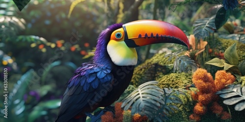 Bright colorful image of a toucan in the jungle. Exotic birds. Generative AI