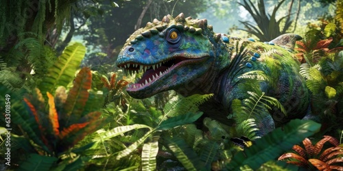 Fantasy image of a triceraptor in the jungle. Dinosaur. Generative AI © 22_monkeyzzz