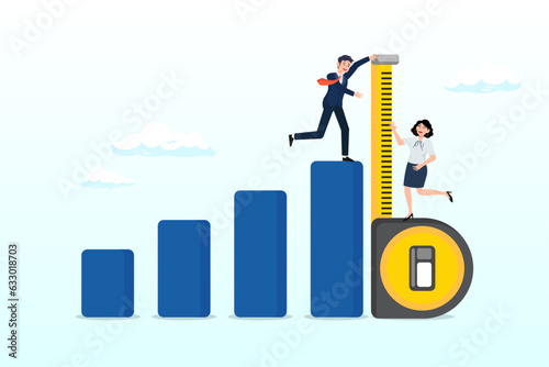 Businessman and woman help using measuring tape to measure bar graph, business benchmark measurement, KPI, key performance indicator to evaluate success, improvement or business growth (Vector)