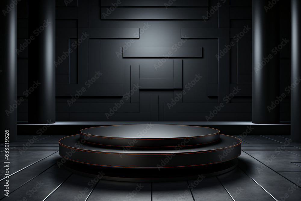 An unadorned black podium set against a dark room, a simple yet impactful contrast for showcasing your focal point. An unadorned black podium set against a dark room, a simple yet impactful contrast for showcasing your focal point.