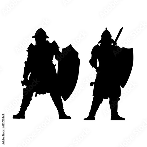 silhouette of a knight isolated on white background. Black illustration of a paladin. graphic element for RPG games. Icon set of dungeon warrior.