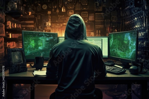 Rear view of the man in a hoodie sitting in front of computer.