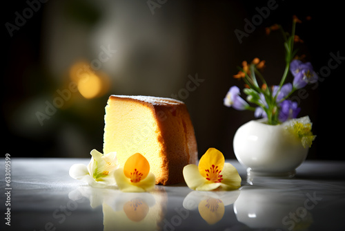 Light golden yellow Cheesecake decor with yellow flowers sitting on table GenerativeAI 