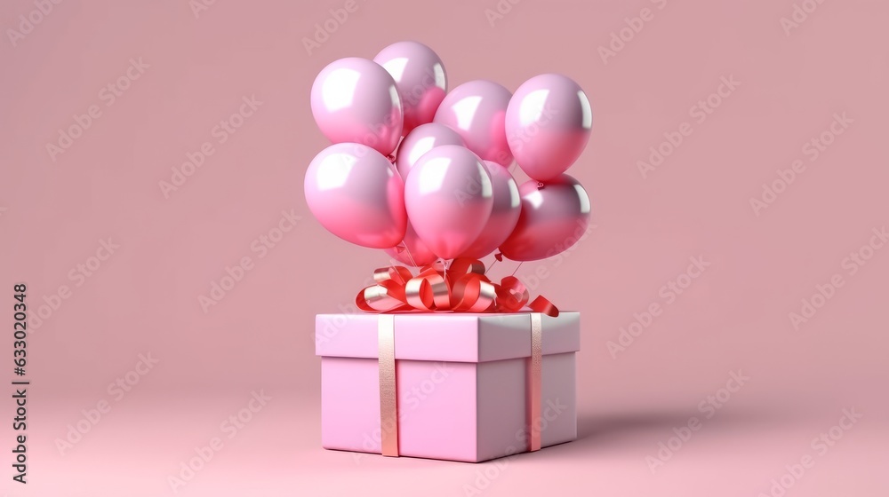 Illustration of a pink gift box with balloons and a pretty pink bow
