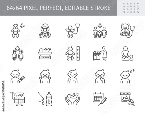 Pediatrics line icons. Vector illustration include icon - incubator, breastfeed, stethoscope, colic, massage, chickenpox, rash outline pictogram for baby care. 64x64 Pixel Perfect, Editable Stroke