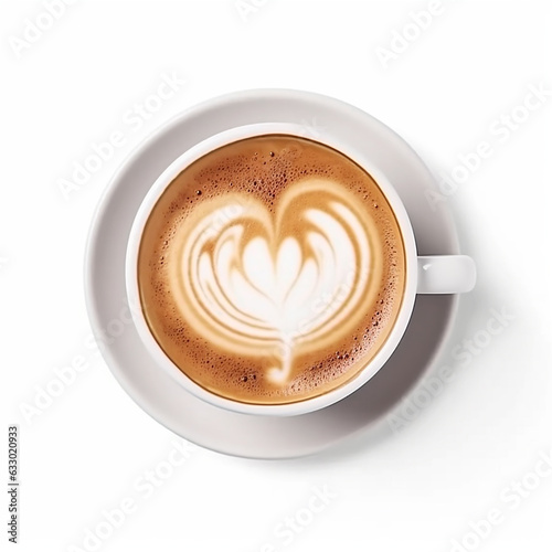 hot coffee cup latte with heart shaped latte art milk foam on white saucer illustration white background, generative ai