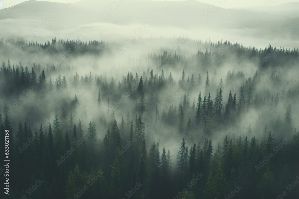 Enchanting Nordic wilderness of misty forest backdrop. The abstract landscape with towering pine trees, mysterious fog, and serene mountains. Tranquil and adventurous atmosphere.