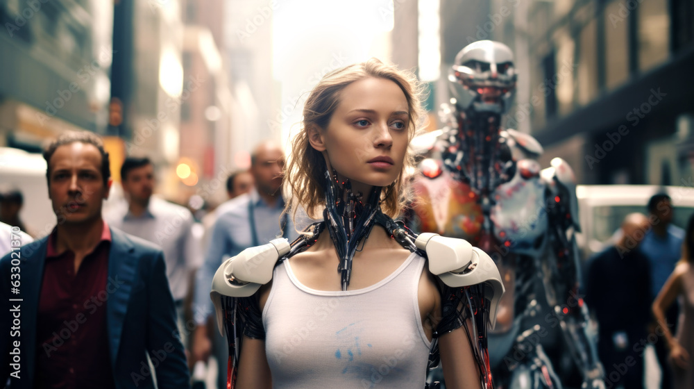 cyborg girl walks the streets of New York among people. Generated with AI