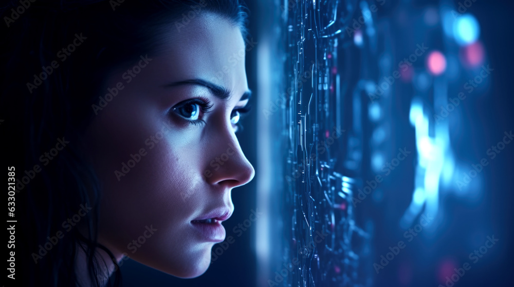 Girl closeup, futuristic concept of modern technology progression. Generated with AI Girl closeup, futuristic concept of modern technology progression. Generated with AI