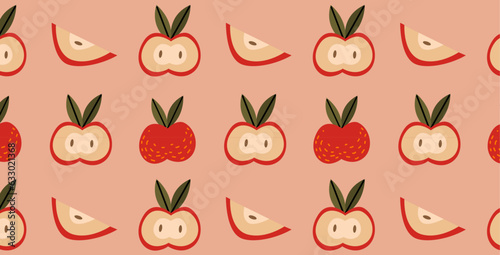 Seamless pattern with red apples and apple slice on pink background. Cartoon sweet fruits wallpaper. 