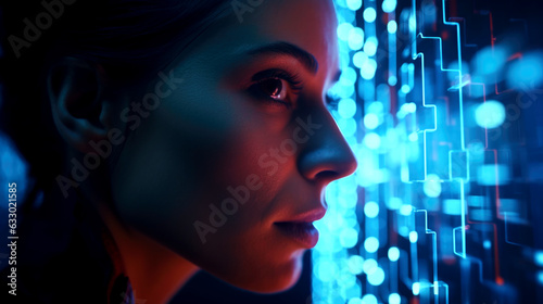 Girl closeup, futuristic concept of modern technology progression. Generated with AI