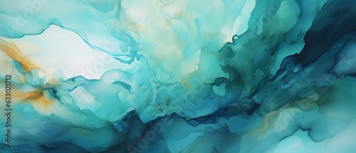 Abstract watercolor paint background illustration, Green turquoise color with liquid fluid marbled paper texture banner texture, Generative Ai
